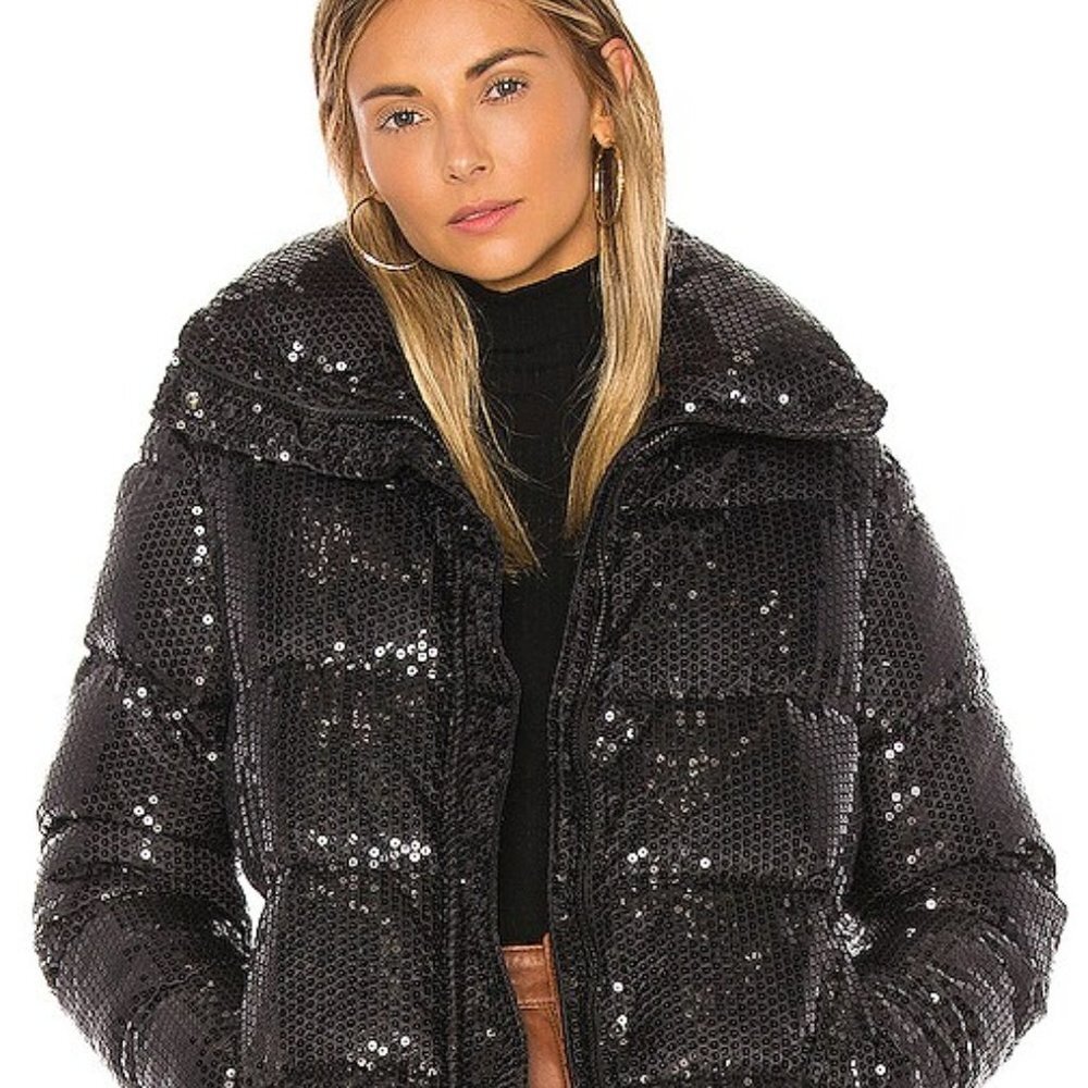 NWT Unreal Fur Black Sequin Puffer Jacket Front Zip High Collar Sz XS - Picture 10 of 16